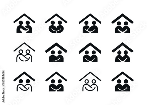 Family Support Icons. Supporting each other in family crises. Icon set. Set Logo of Supporting each other in family crises: safe home roof. harmonious logo