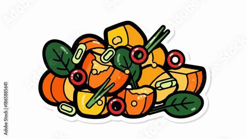 Colorful cartoon medley of chopped autumn vegetables and greens