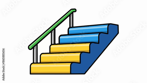 Colorful cartoon stairs with yellow steps and blue risers, and a green handrail