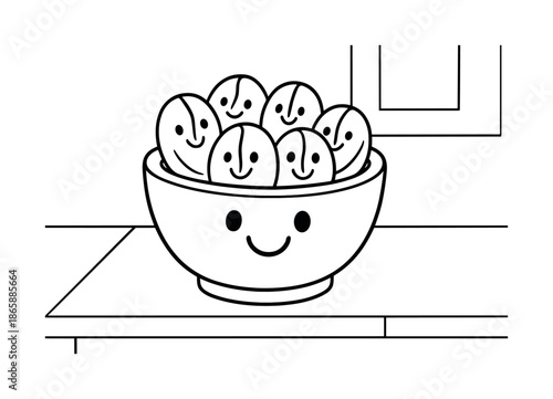 Smiling Coffee Beans. Coffee beans children?s coloring book illustration, outlined drawing, small bowl of smiling coffee beans on a counter, educational design