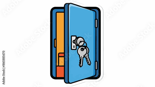 Open blue door revealing orange interior with two keys hanging from the lock