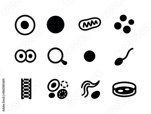 Cell Biology Icons. Cell biology. Solid icon set of Cell biology: cell outline, nucleus, mitochondrion, ribosome cluster, membrane icon, cell division,