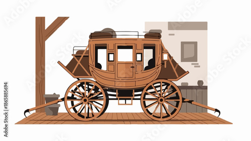 Old wooden stagecoach with large wheels and luggage on roof, parked at station