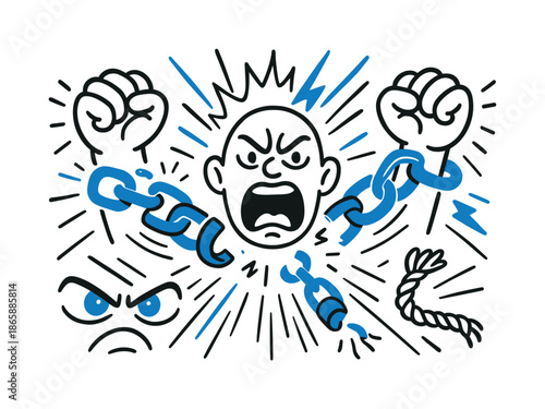 Rage Unleashed Art. Breaking Chains in Rage. Hand-drawn doodle illustration Breaking Chains in Rage broken metal chain (colored #1e79e7), clenched fists,
