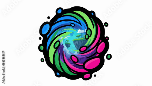 Colorful cosmic vortex portal with floating islands and stylized swirls