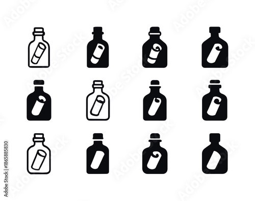 Message in Bottle Emblems. Message in bottle. Icon set. Set Logo of message in bottle: rolled scroll inside. harmonious logo variations of the same emblematic