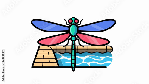 Colorful dragonfly with blue and pink wings rests on brick edge above blue wavy water