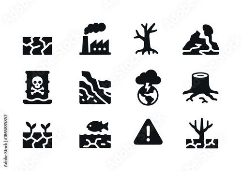 Environmental Crisis Icons. Environmental degradation. Solid icon set of Environmental degradation: cracked ground, pollution icon, dying tree, waste dump,