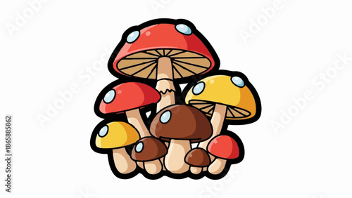Colorful cartoon mushrooms with varying cap shapes and colors clustered together