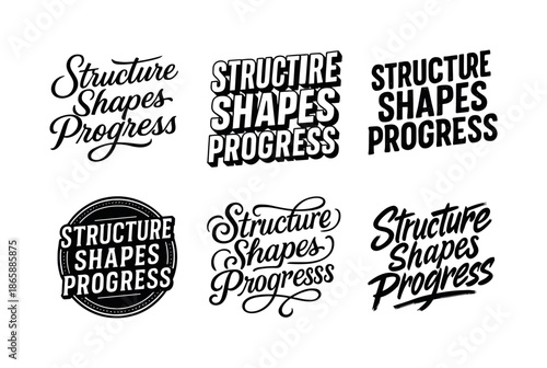 Diverse Lettering Styles. Structure shapes progress. Set lettering. harmonious lettering variations of the same emblematic concept, each with different