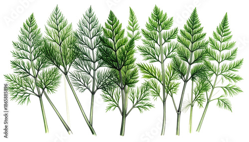 Detailed botanical illustration of several verdant, feathery leaves