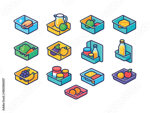 Fridge Organization Icons. Fridge organization zones. Colorful isometric vector icons set of fridge organization zones: top-cold zone, middle-chill zone,