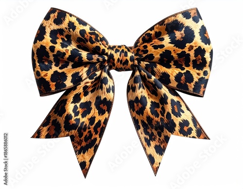 Close-up of a leopard print bow tie on a white background