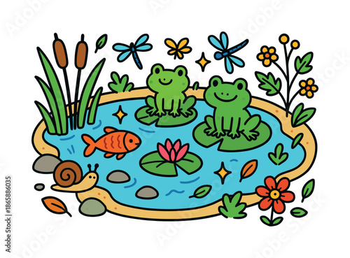 Vibrant Wildlife Pond. Small Wildlife Pond. Colorful Hand-drawn doodle Children illustration Small Wildlife Pond frogs, dragonflies, fish, lily pads, reeds,