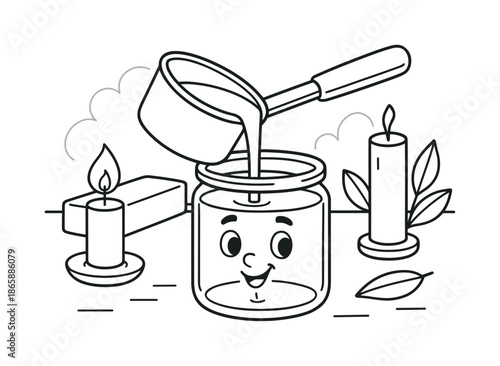 Candle-Making Coloring Fun. Candle-making scene children?s coloring book illustration, outlined drawing, a friendly cartoon jar with melted wax being poured