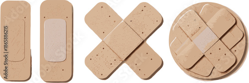 Adhesive bandage plaster set illustration showing medical wound care strips and crossed band aids for first aid, healthcare and injury protection vector