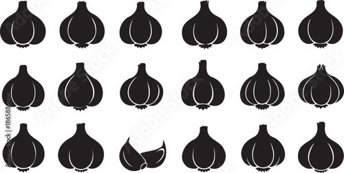 Set of 15 Black Garlic Icons Vector Illustration