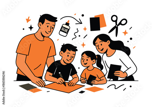 Family Crafting Fun. Crafting project. Glue, scissors, and colored paper float between family members as they collaborate on a school project. Focus, fun, and