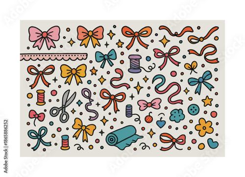 Colorful Tulle Craft Elements. Mesh Tulle Decor. Colorful Hand-drawn doodle Children illustration tulle fabric, bows, ribbons, sparkles, tiny stars, lace trim,