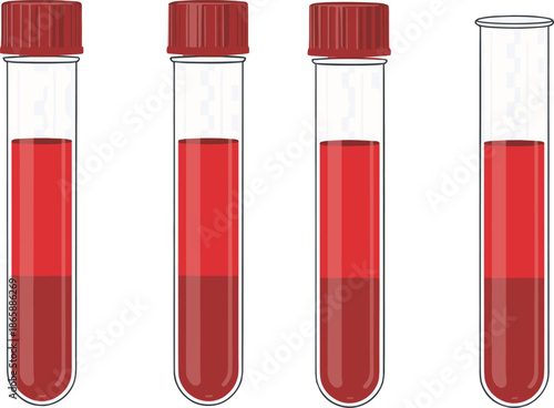 Blood sample test tubes illustration showing medical laboratory vials with red blood liquid for healthcare testing, diagnostics, research and clinical vector design