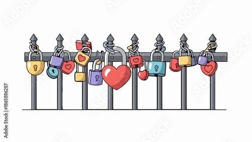 Colorful love locks fastened onto a grey metal fence, symbolizing commitment