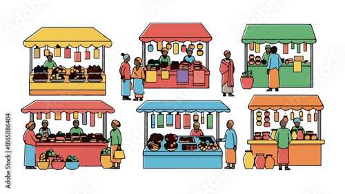 Colorful market stalls display goods with people browsing and interacting