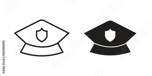 Police cap icons set designed in filled, outline, line and stroke style