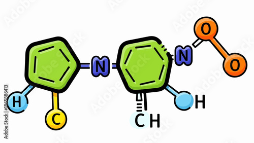 Colorful molecular structure with hexagonal rings, nitrogen, oxygen, carbon, and hydrogen atoms