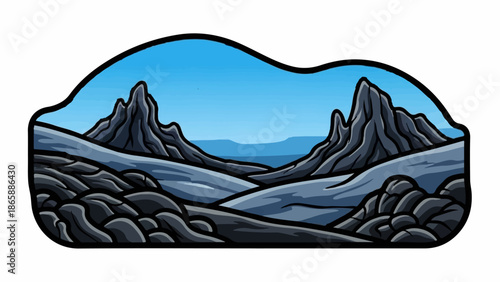 Jagged dark peaks rise from a rocky, icy terrain under a bright blue sky
