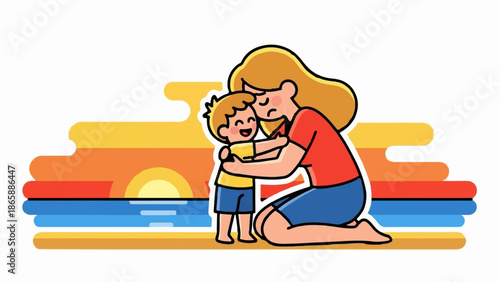 Joyful child embraces mother on a colorful sunset beach