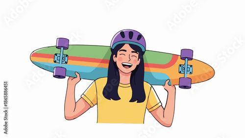 Joyful person in helmet holds colorful skateboard