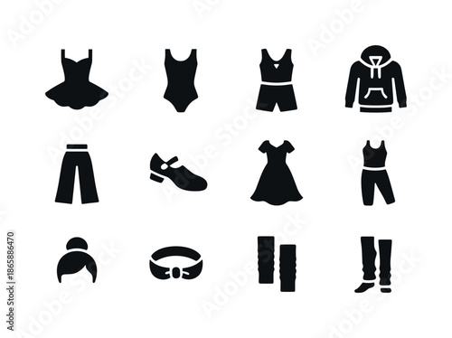 Dance Costumes Icons. Dance costumes. Solid icon set of dance costumes: ballet tutu, leotard, jazz outfit, hip-hop hoodie, dance pants, tap shoes, ballroom