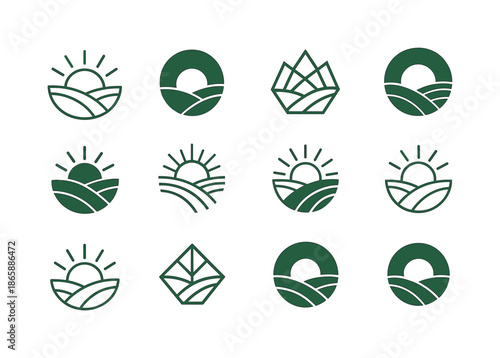 Countryside Sunrise Logos. May morning in the countryside. Icon set. Set Logo of May morning in the countryside: sunrise over rolling hills. harmonious logo