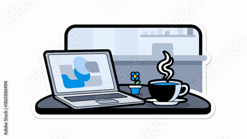 Laptop and coffee with a small plant on a desk in front of a shelf