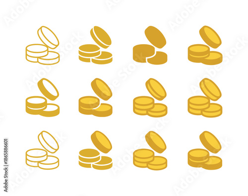 Golden Coin Icons. Gold coins. Icon set. Set Logo of Gold coins: falling coins. harmonious logo variations of the same emblematic concept, each with different