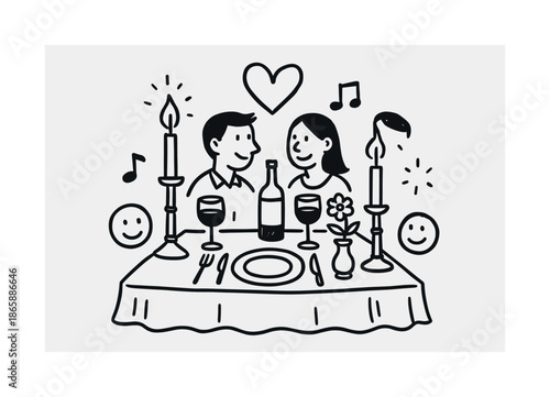 Romantic Candlelit Dinner. Candlelit dinner. Hand-drawn doodle illustration Candlelit dinner table, candles, wine glasses, plate, flower, couple, heart, soft