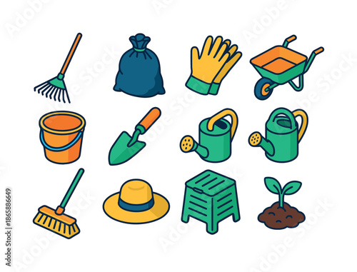 Garden Cleanup Icons. Garden cleanup. Colorful isometric vector icons set of garden cleanup: leaf rake, trash bag, gloves, wheelbarrow, bucket, trowel, soil,