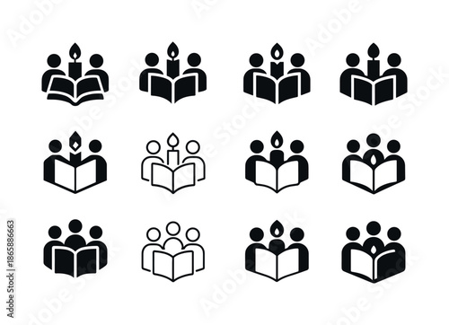 Book Club Emblems. A group of friends discussing a book in a book club meeting. Icon set. Set Logo of a group of friends discussing a book in a book club