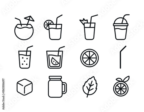 Fruit Drinks Icons. Fruit drinks. Line icon set of Fruit drinks: coconut drink, orange juice, pineapple juice, mango smoothie, berry drink, watermelon juice,