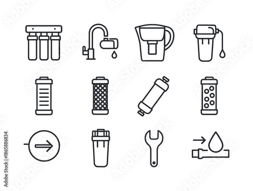 Water Filter Icon Set. Home water filtration. Line icon set of Home water filtration: under-sink filter, faucet filter, pitcher filter, sediment cartridge,