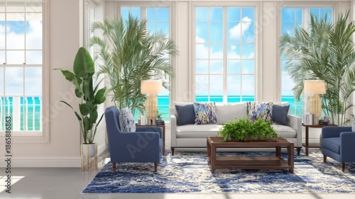 Serene living room with plush seating and tropical plants overlooks the ocean.