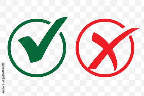 Vector collection of green tick marks and red cross icons. A flat design symbol set for validation, approval, and voting concepts