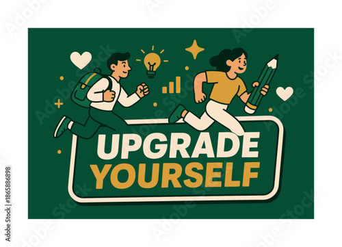 Upgrade Yourself Banner. Upgrade Yourself banner, flat vector illustration, bold oversized text inside sticker outline banner, cartoon characters running