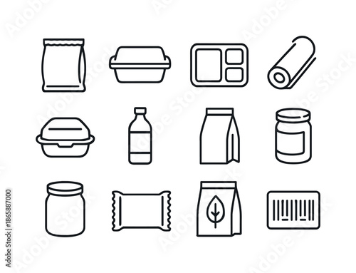 Food Packaging Icons. Food packaging. Line icon set of Food packaging: sealed bag, plastic container, food tray, wrap film, clamshell box, bottle with label,