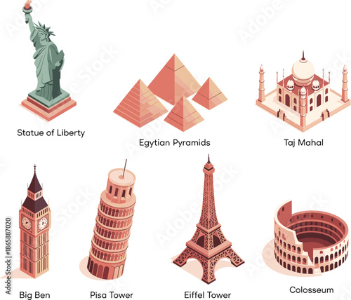 World Famous Landmarks Vector Set Featuring Statue of Liberty, Taj Mahal, Eiffel Tower, Big Ben, Colosseum, Pyramids, Pisa Tower Illustration