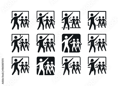 Dance Class Logos. A choreographer teaching a dance class in a studio. Icon set. Set Logo of a choreographer teaching a dance class in a studio: studio mirror