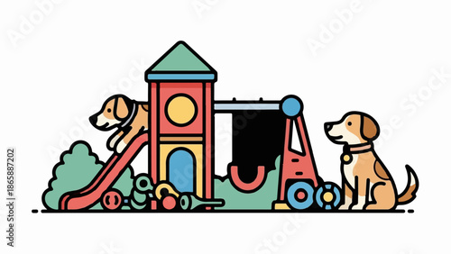 Playful dogs enjoy a colorful playground with slide and swing