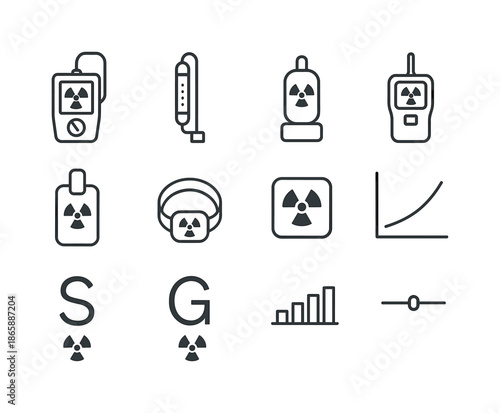 Radiation Measurement Icons. Radiation measurement. Line icon set of radiation measurement: geiger counter, ionization chamber, scintillation detector,
