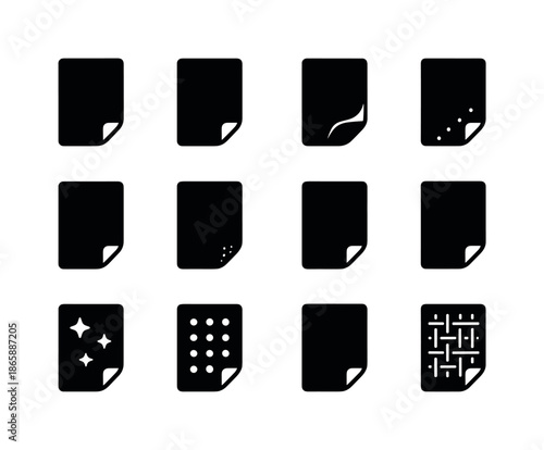 Paper Finish Icons. Paper Finishes. Solid icon set of Paper Finishes: matte texture, gloss shine, satin finish, pearl sheen, soft-touch layer, rough grain,