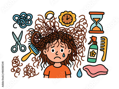 Tangled Hair Adventure. Tangled hair. Colorful Hand-drawn doodle Children illustration Tangled hair messy strands, brush stuck in hair, expression face,